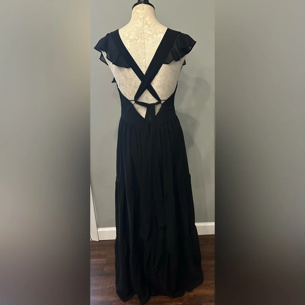 Lulus Charming Success Black Tiered Lace-Up Backless Maxi Dress Size L - Picture 10 of 11